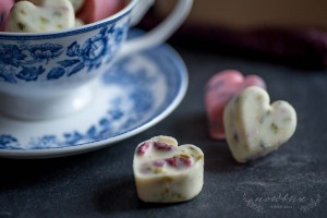 Happy Valentines Day with Chocolate Cranberry and Strawberry Pistachio Hearts and Jelly Bean Fruit Gums with Strawberry and Cranberry Juice by Eve | nordbrise
